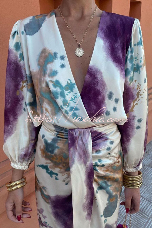 Luxury Party Satin Tie-dye Print V-neck Long Sleeve Shirt