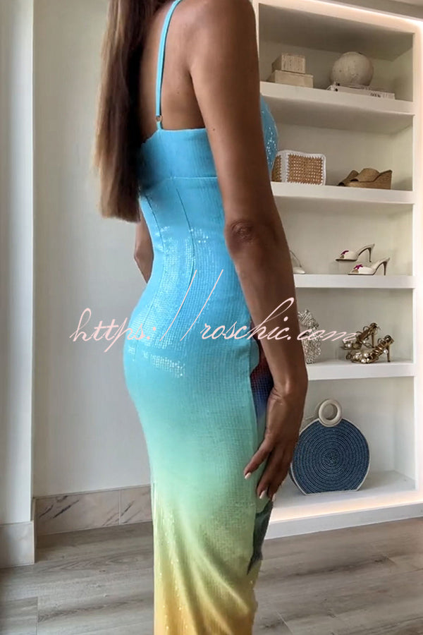 Dreamy Dreamy Sequin Unique Floral Gradient Print Slit Stretch Maxi Dress(Shipped within 24 hours)