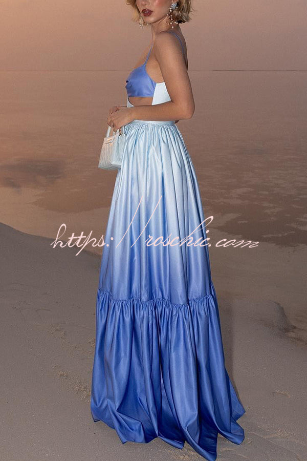 Ocean Breeze Gradient Color Print Cutout Waist Tiered Maxi Dress