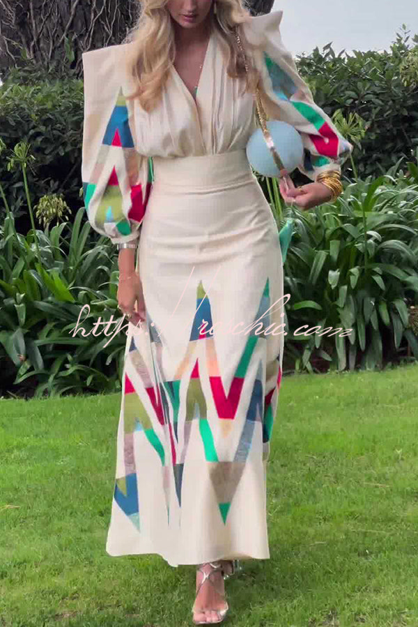 Highest Elegance Colorful Triangle Print Padded Shoulder Blouse and High Rise Maxi Skirt Set