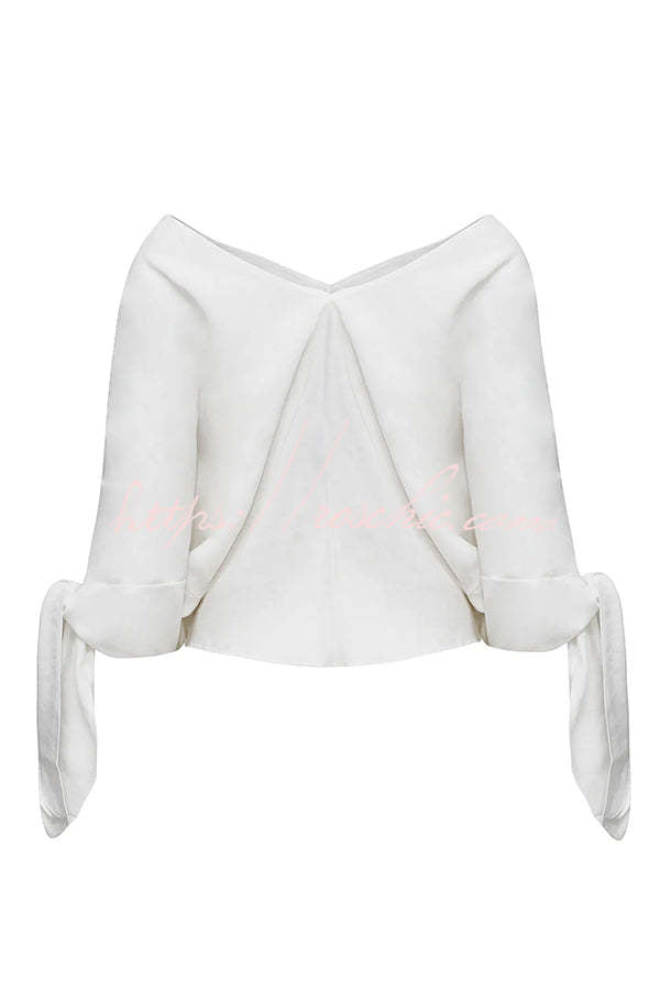 Joyful Bond Linen Blend V-neck Knotted Cuff Half Sleeve Loose Top