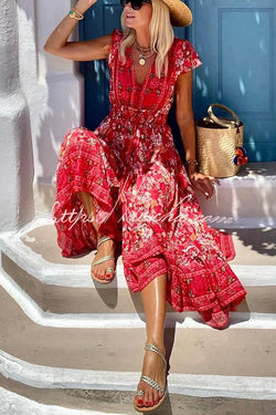 Summer in Greece Boho Print Ruffle Sleeve Elastic Waist High-low Midi Dress