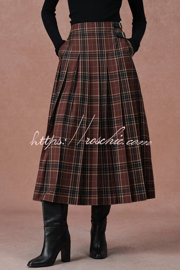 Yehudit Plaid Belt Buckle Design High Rise Pocket Midi Umbrella Skirt
