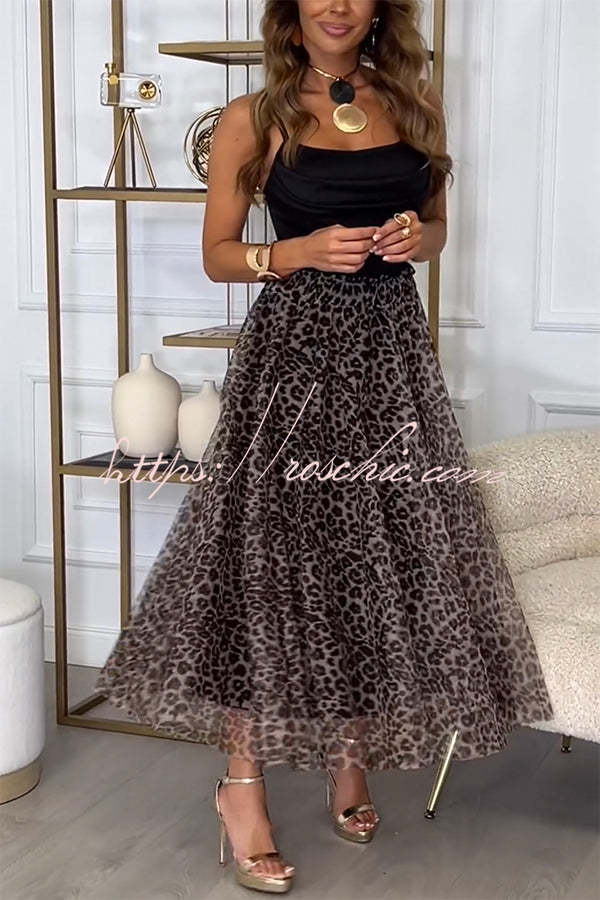 Chic Everyday Satin Paneled Leopard Print Mesh Cowl Neck Slip Midi Dress