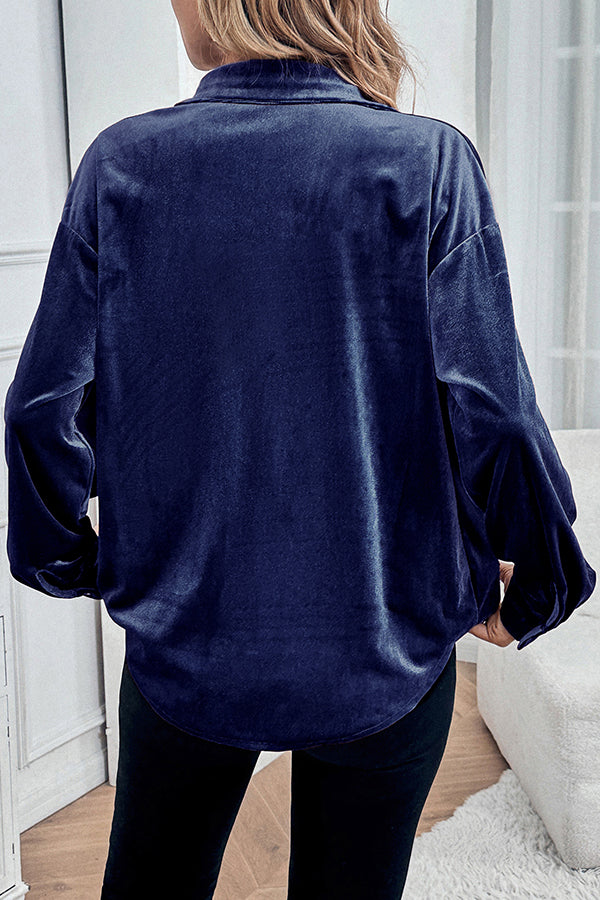 Solid Color Velvet Casual Lapel Pocket Loose Shirt