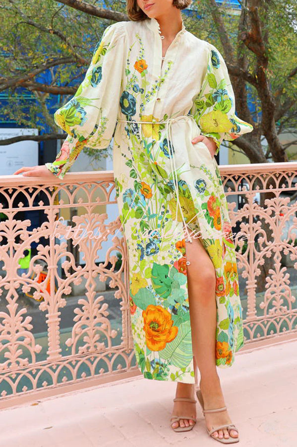 Summer Party Floral Print Balloon Sleeve Pocketed Belt Shirt Midi Dress