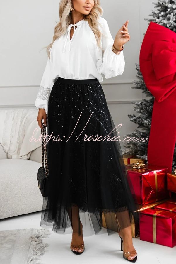 Party Daydream Sequin Tulle High Rise Elastic Waist Maxi Skirt