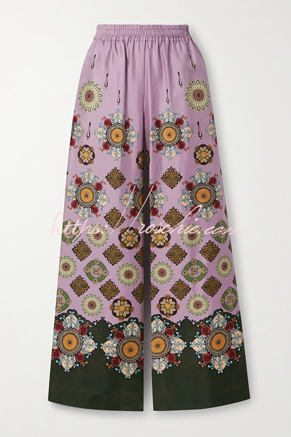 Satin Unique Print Loose Batwing Sleeve Top and Elastic Waist Pocket Casual Wide-leg Pants Set