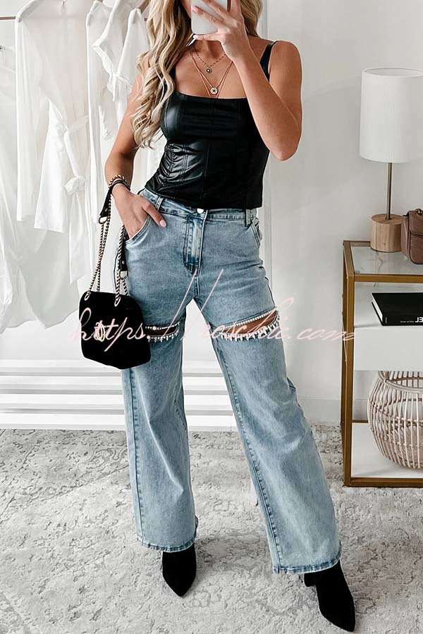 Blowing Your Mind Slit-Front Wide Leg Pocket Rhinestone Jeans