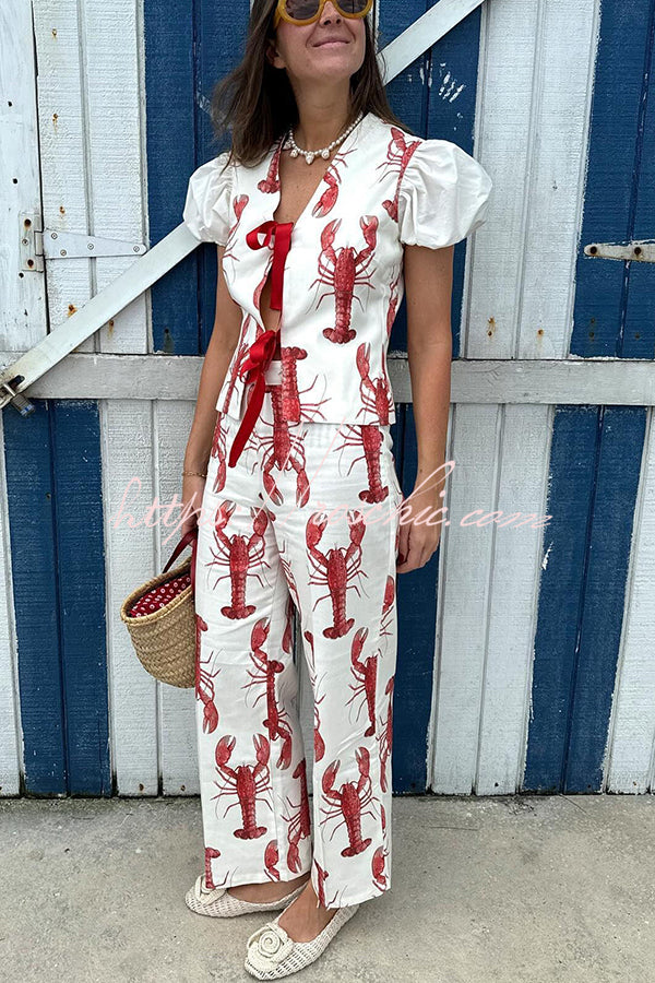 Fun Vacation Lobster Print High Rise Straight Pants