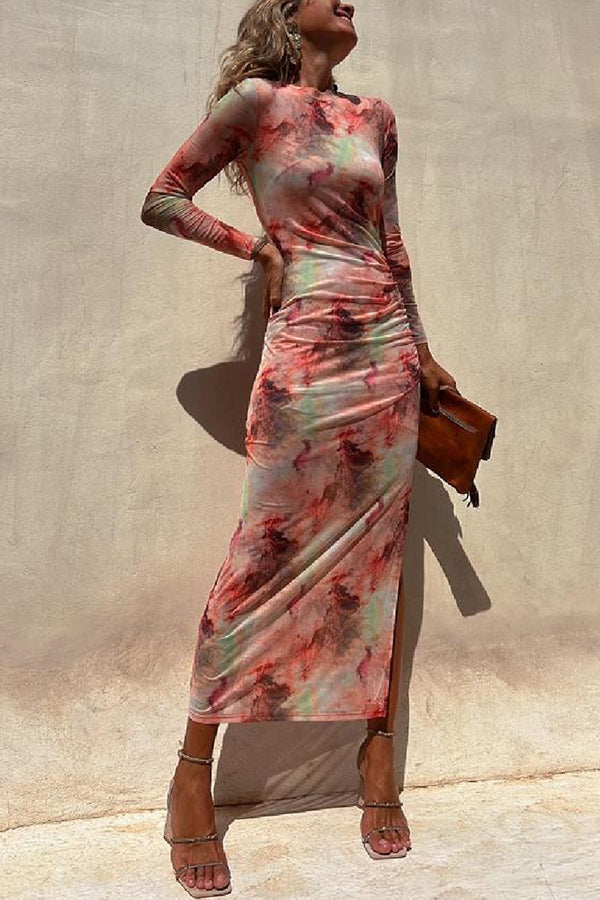Charm Lady Mesh Overlay Tie Dye Print Long Sleeve Ruched Stretch Midi   roschic