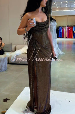 Glitzy Gala Glitter Fabric One Shoulder Ruched Slit Maxi Dress, Black / XL Glitzy Gala Glitter Fabric One Shoulder Ruched Slit Maxi Dress, Black / XL