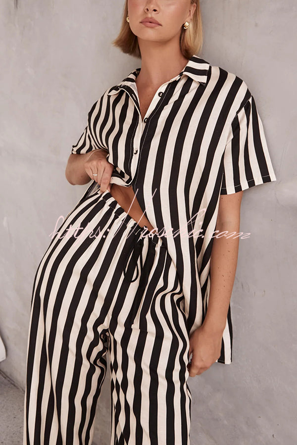 Erika Striped Casual Shirt and Elastic Waist Pocket Wide Leg Pants Set