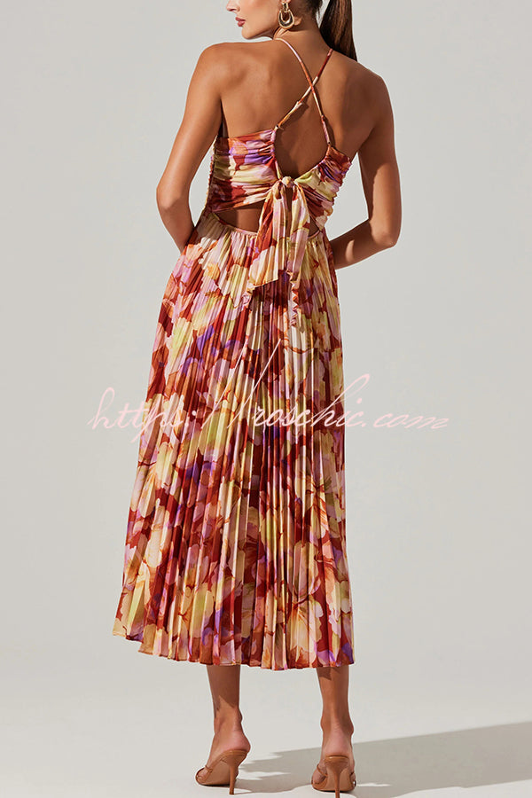 Wedding Party Season Floral Print Pleated Back Tie-up Midi Dress