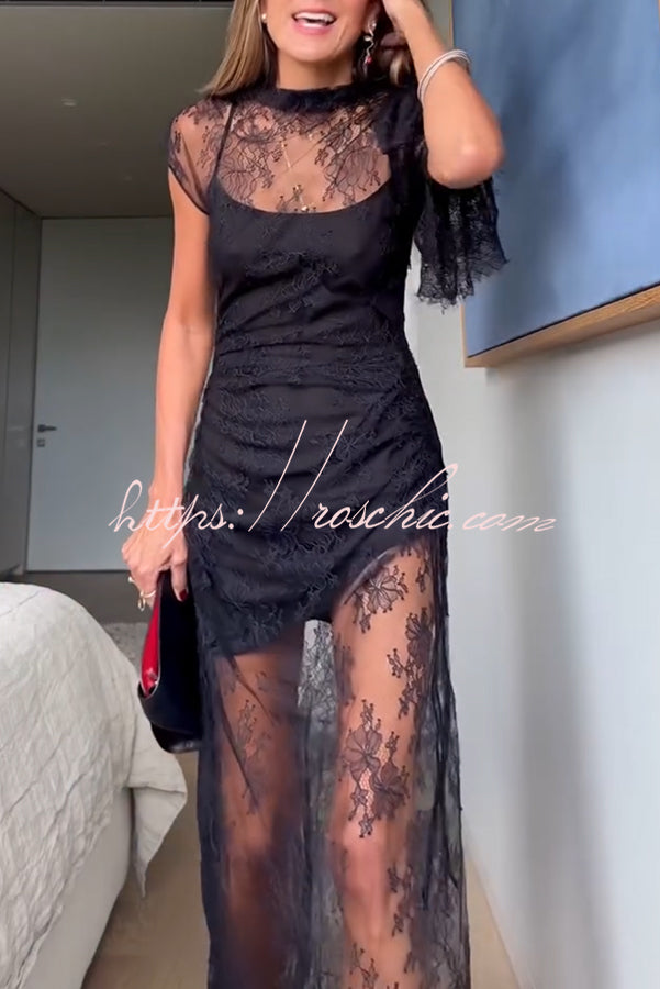 Romantic Statement Lace One Shoulder Bell Sleeve Asymmetrical Maxi Dress