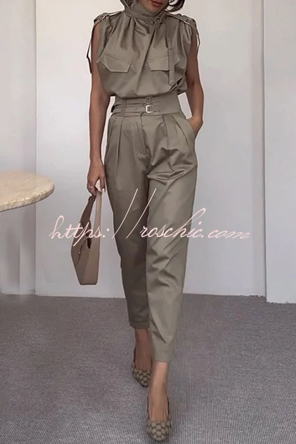 Statement Breast Pocket High Neck Top and Side Pocket Belt Long Pant Set