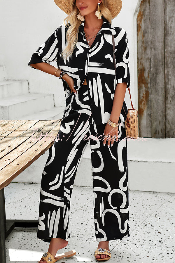 Irregular Printed Button Pocket Long Sleeved Shirt and Elastic Waist Pants Set