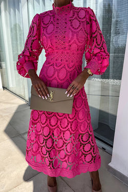 Romantic, Sensual and Elegant Crochet Lace Lantern Sleeve Party Midi Dress, Rose red / M Romantic, Sensual and Elegant Crochet Lace Lantern Sleeve Party Midi Dress, Rose red / M