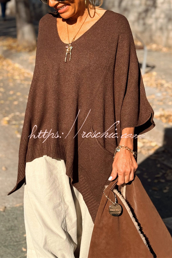 Fashion V-neck Loose Pocket Mid-length Knitted Sweater