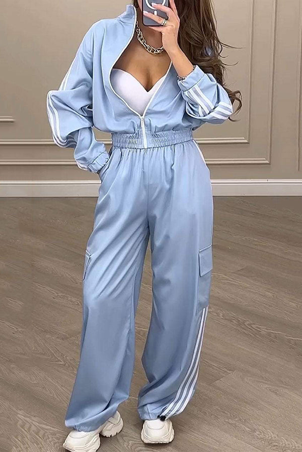 Fashion Loose Long Sleeve Zipper Top and Elastic Waist Pocket Casual Pants Set
