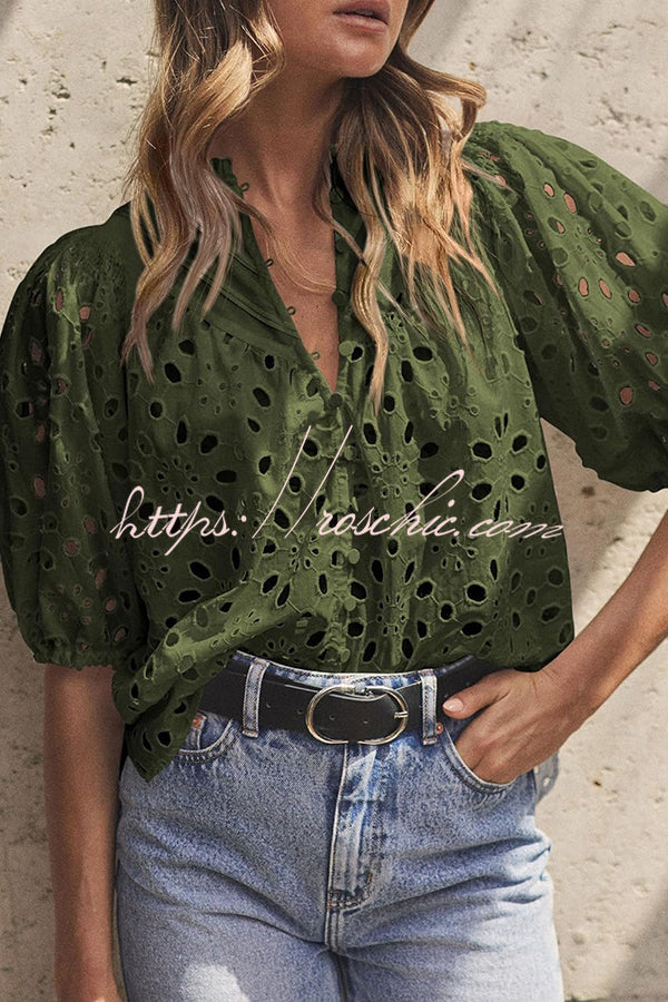 Hollow Embroidered Lace V-neck Buttoned Lantern Sleeve Blouse