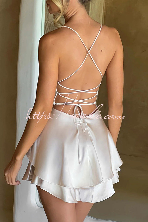 Ruffled Elegant Satin Strappy Satin Backless Lace Up Mini Dress