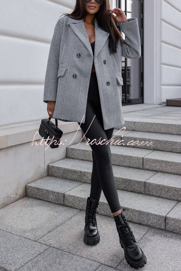 Fashion Stripe Print Lapel Pocket Coat