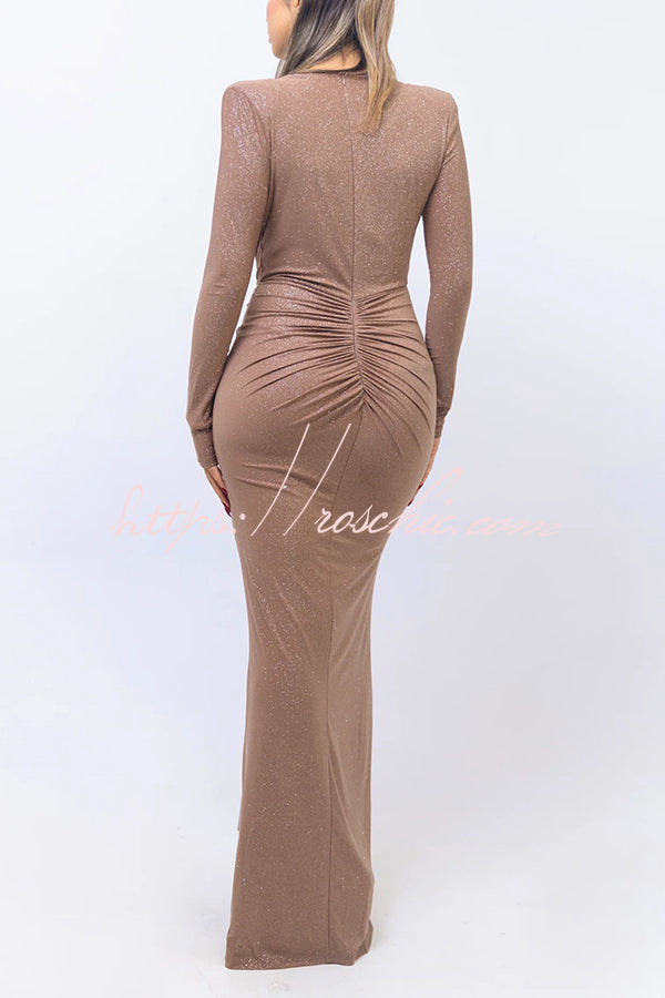 Solid Color Shiny Sexy V-neck Long Sleeve Ribbon Slit Slim Fit Maxi Dress