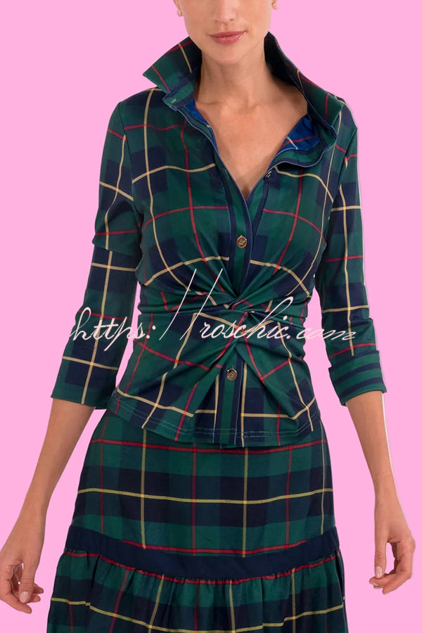 Embrace The Festival Plaid Twist Half Sleeve Shirt and Elastic Waist Pencil Pants Set