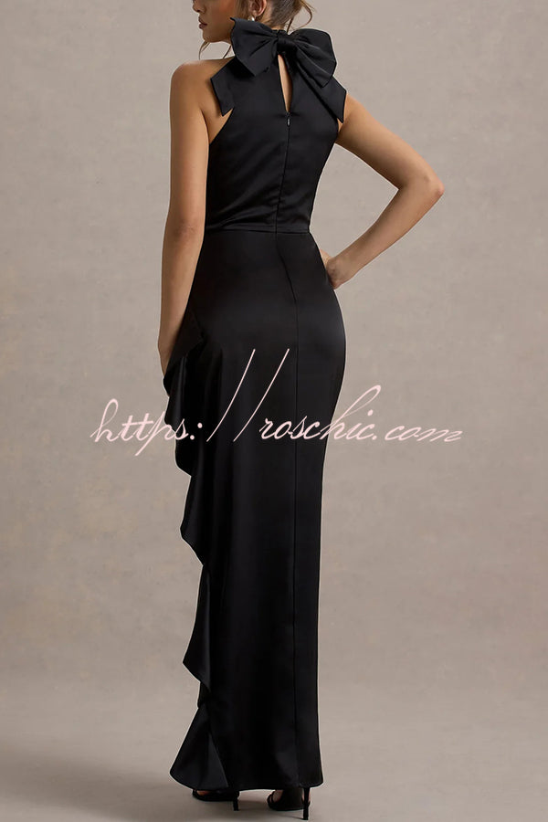 Maureen Satin High Neck Ruched Ruffle Slit Draped Maxi Dress