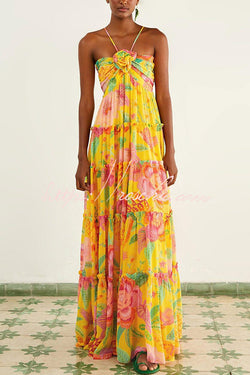 Blossom Feelings Printed Flower Design Halter A-line Maxi Dress