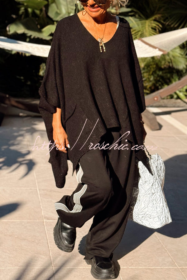 Fashion V-neck Loose Pocket Mid-length Knitted Sweater