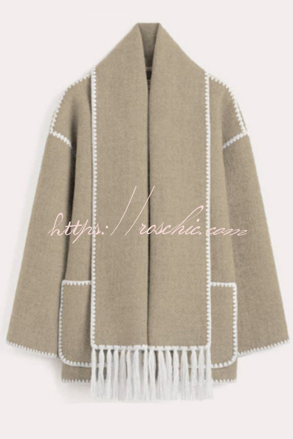 Stylish Loose Pocket Long Sleeve Coat and Warm Fringed Scarf