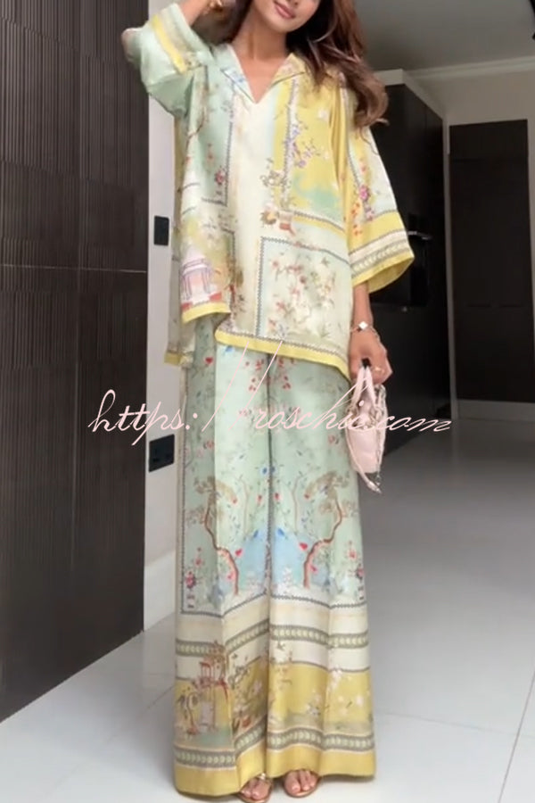 Elonie Satin Floral Print V-neck Half Sleeve Top and Elastic Waist Wide Leg Pants Set