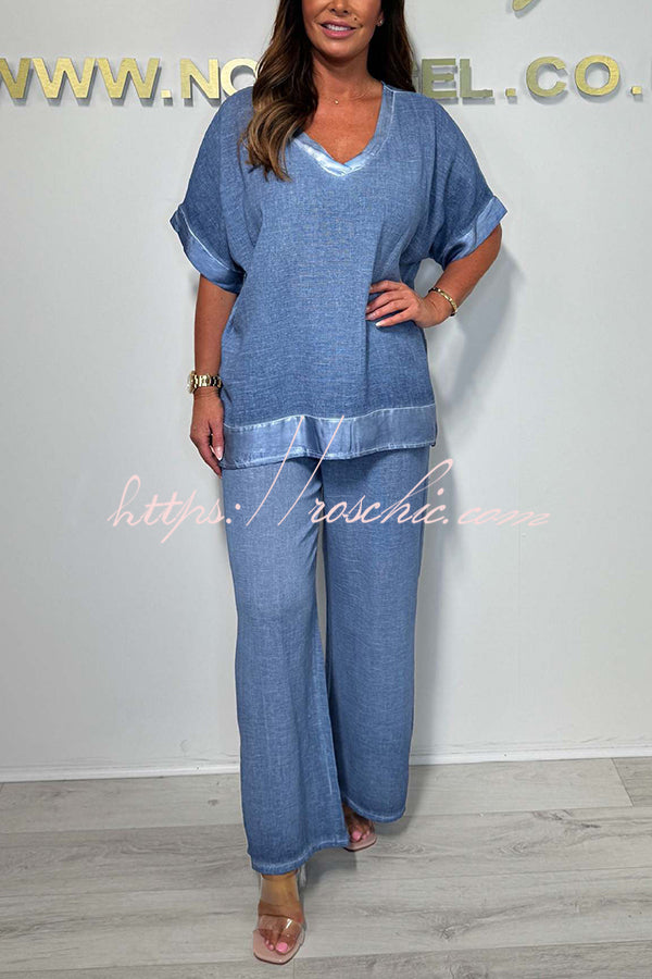 Fashionable V-neck Short-sleeved Loose Top and Elastic Waist Casual Wide-leg Pants Set