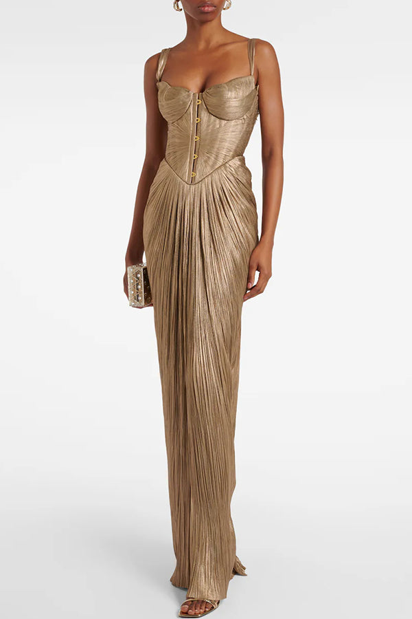 Vegas Queen Metallic Pleated Sculpted Bodice Back Lace-up Drape Maxi Dress