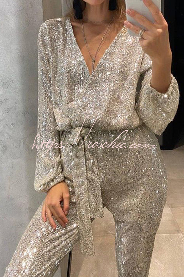 Cheers To You Sequin Long Sleeve Belted Wrap Loose Jumpsuit