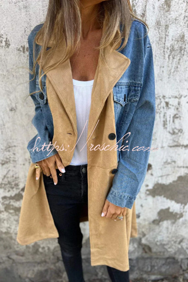 Fashion Lapel Long Sleeve Pocket Mid-length Denim Patchwork Jacket