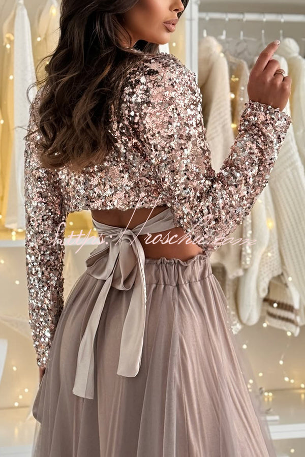 Holiday Party Sequin Long Sleeve Back Satin Tie-up Crop Top