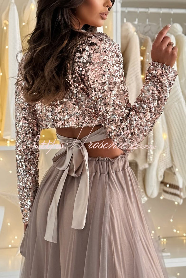 Holiday Party Sequin Long Sleeve Back Satin Tie-up Crop Top