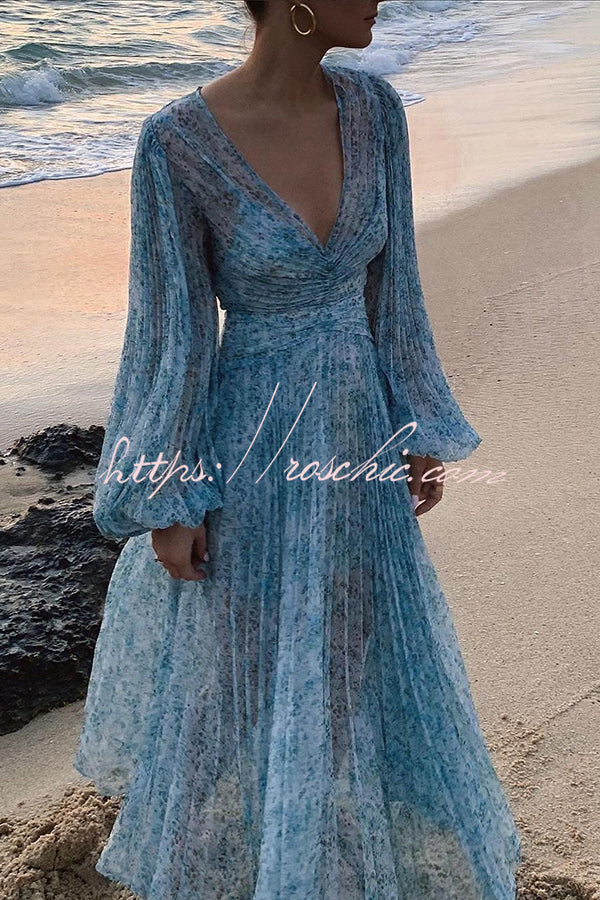 Dreamy Seaside Floral Balloon Sleeve Pleated Lightweight Maxi Dress