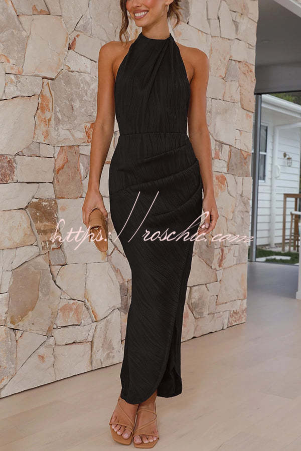 Zephyr Pleated Textured Fabric Halter Neck Backless Slit Maxi Dress