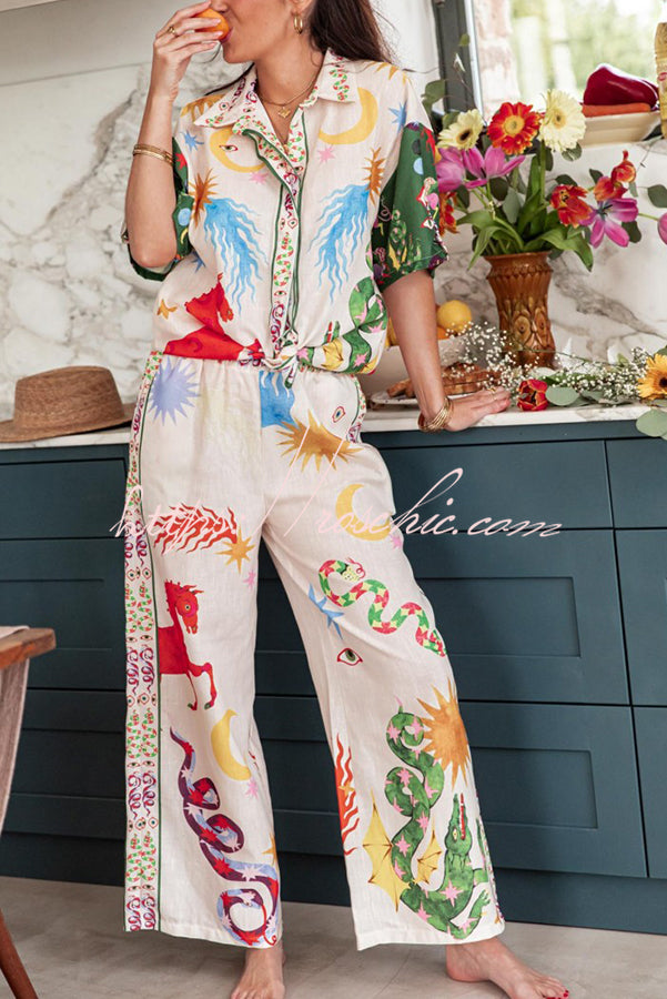 Bohemian Beauty Unique Print Short Sleeve Loose Shirt and Elastic Waist Pants Set