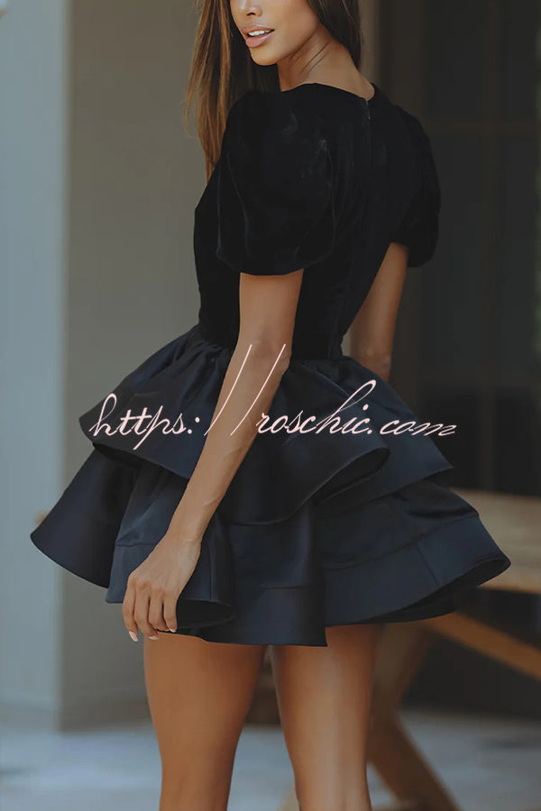 Black Swan Velvet Paneled Satin Puff Sleeve Tiered Mini Dress