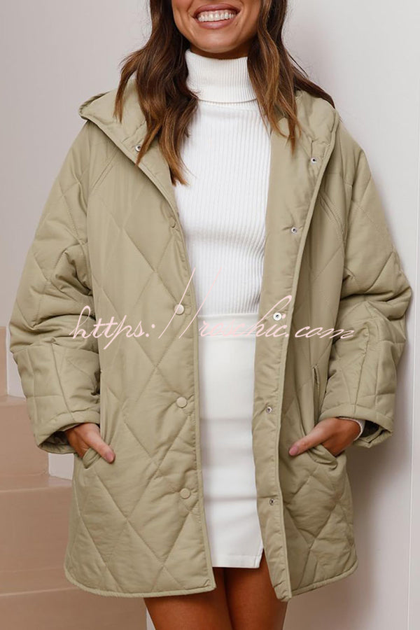 Diamond Quilted Button Pocket Hooded Long Sleeve Coat