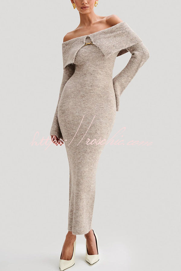 Solid Color Off-shoulder Long-sleeved Elegant Slim-fit Knit Maxi Dress