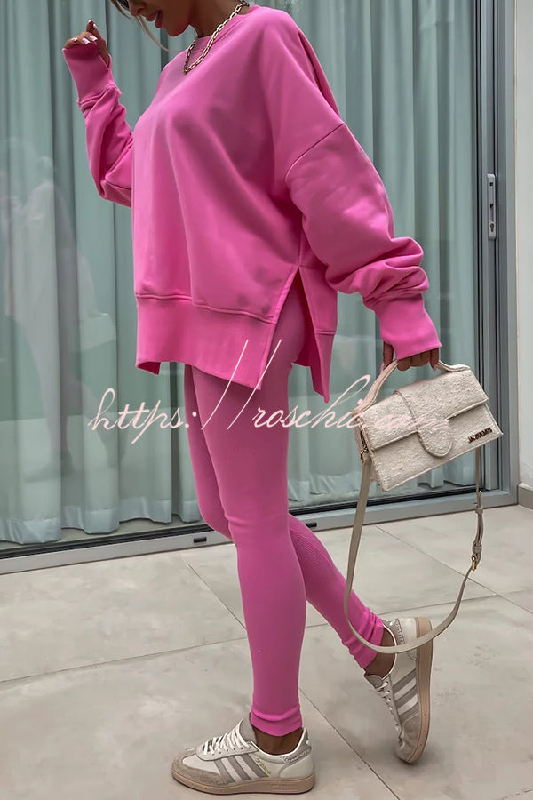 Solid Color Loose Long Sleeve SlitSweatshirt and Elastic Waist Tight Pants Set