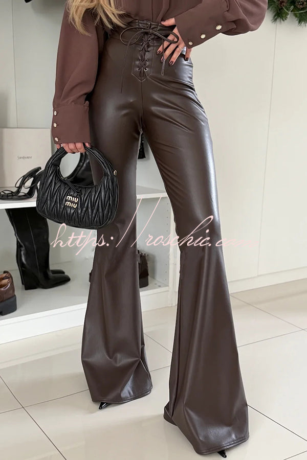 Stylish Faux Leather High Waist Lace-up Back Zipper Flare Stretch Pants