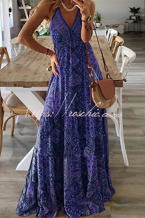 Celeste Boho Printed Strap Elastic Waist Maxi Dresses, Blue / L Celeste Boho Printed Strap Elastic Waist Maxi Dresses, Blue / L