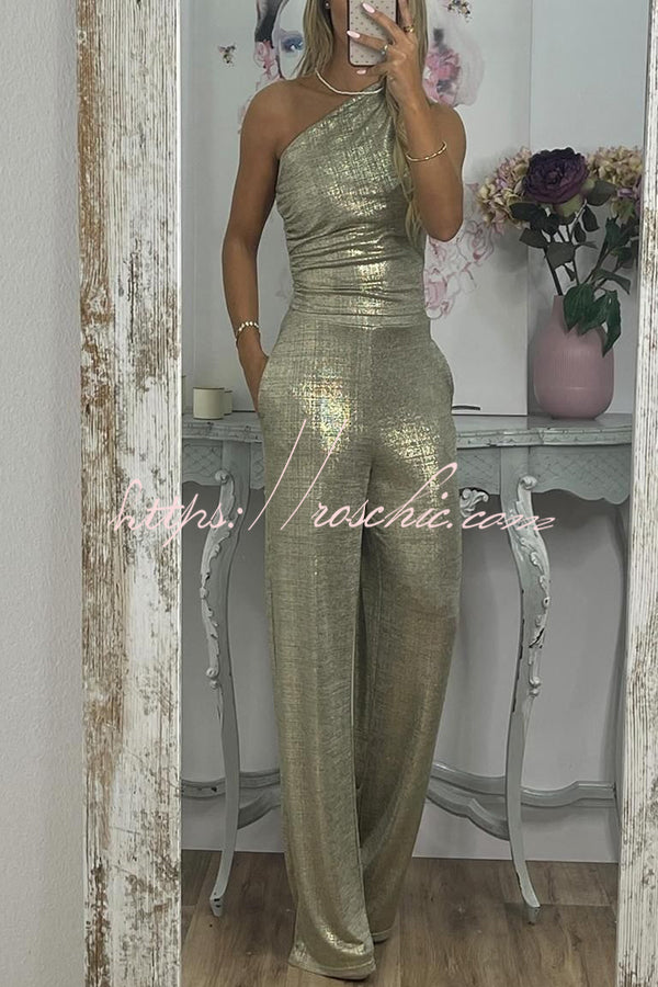 Shining Moment Metallic Fabric One Shoulder Ruched Tank and Pocketed Loose Stretch Pants Set